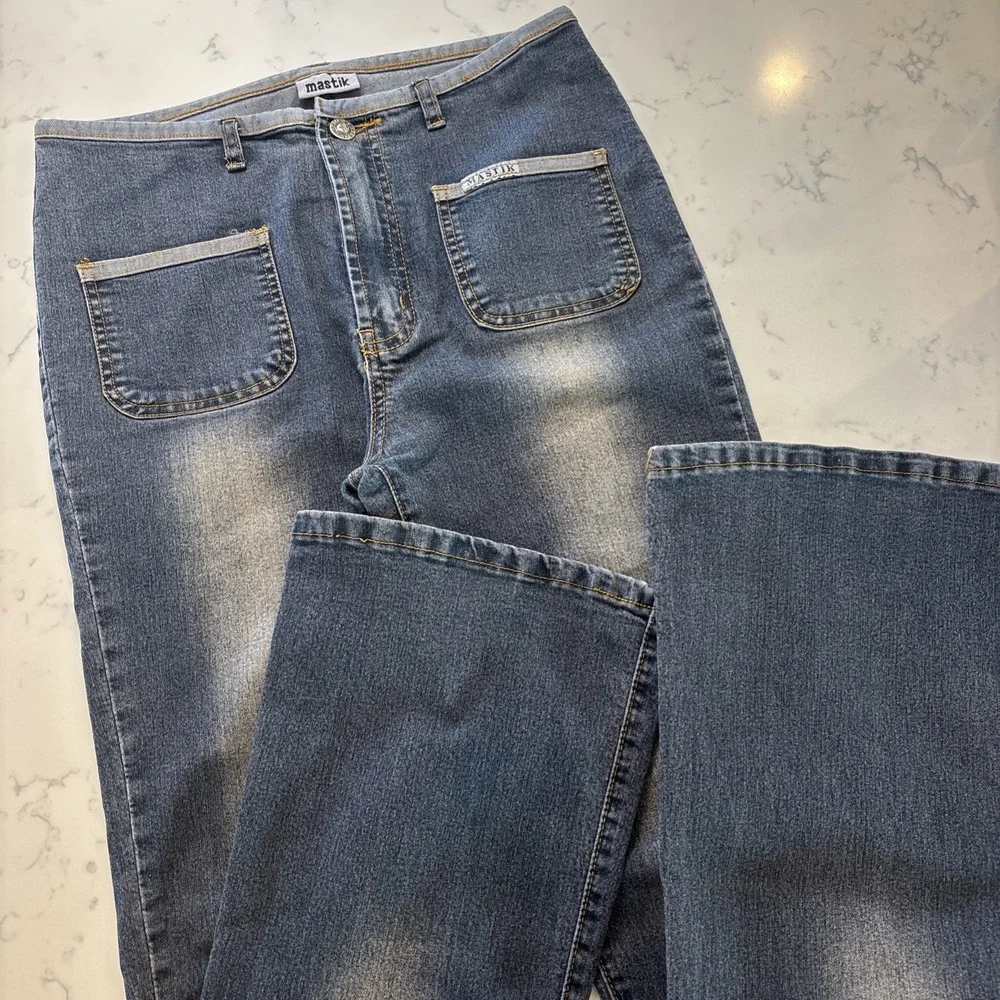 VTG Mastik 90s Y2K Low Rise Flare Jeans Unique Waist Boho Hipster Womens Sz 30
